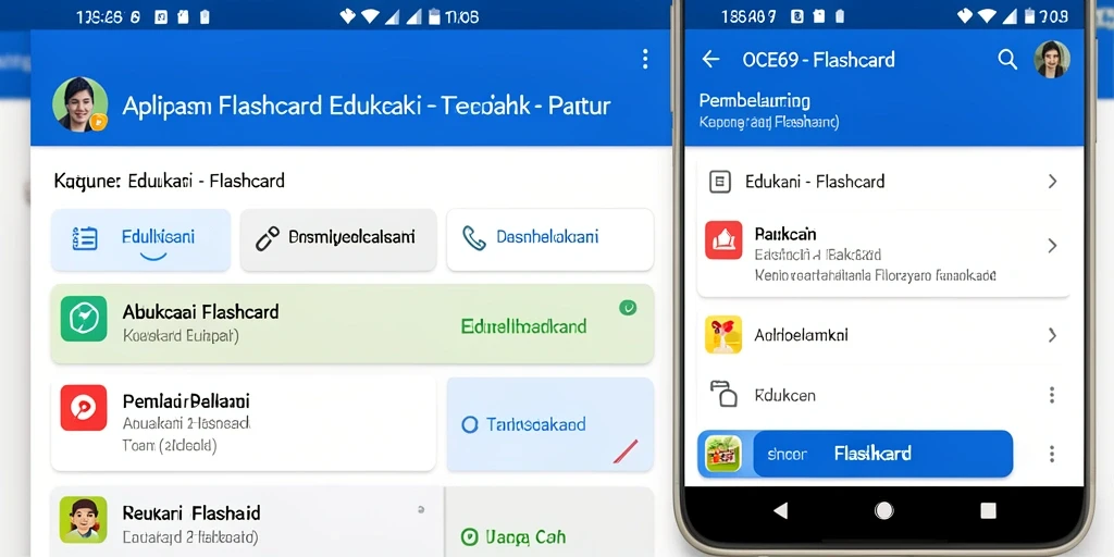 Antarmuka aplikasi OCE69 dengan berbagai fungsi flashcard menarik.